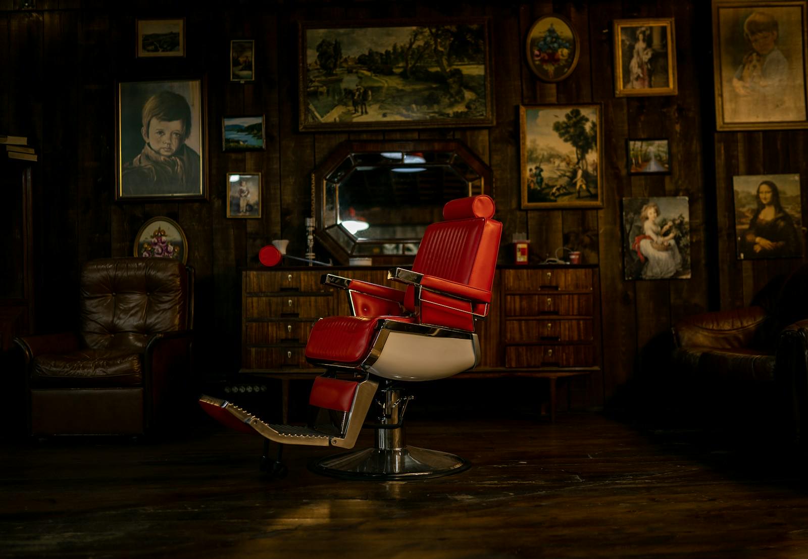 A red and white barber’s chair